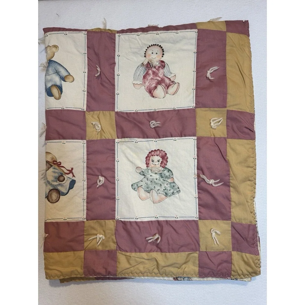 Vintage Reversible Embroidered Tied Baby Quilt 40x50‎ SALLY ANNE